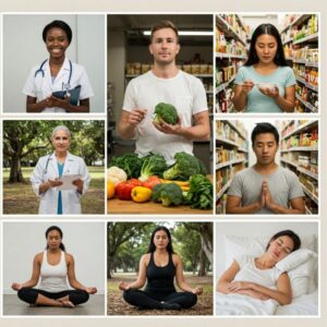 Pessoas praticando atitudes saudáveis como agendar exames, alimentar-se bem, evitar açúcar, caminhar, orar e descansar com qualidade. 
