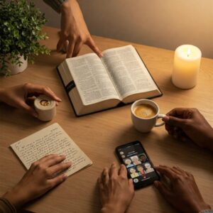 Mesa com itens simbólicos como Bíblia, carta manuscrita e celular em chamada com idosos, com mãos de pessoas diversas visíveis.