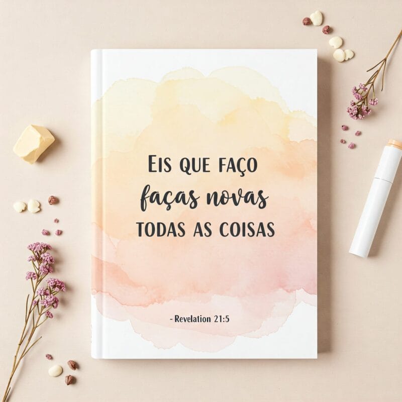 Capa com fundo aquarelado, flor seca e caderno com a frase bíblica “Eis que faço novas todas as coisas”, representando renovação espiritual na página inicial do site Viva com Motivação.