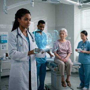 Médica usando as Ferramentas de IA para auxiliar em diagnósticos precoces, como no caso do câncer de mama