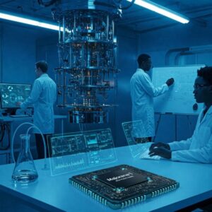 Equipe de cientistas trabalha em laboratório com processador quântico e projeções digitais.
