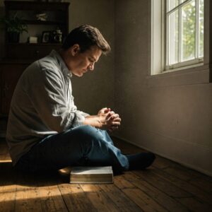Home em momento de oração e leitura bíblica para renovar o espírito.