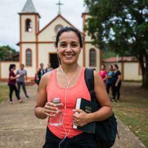 Mulher sorridente após caminhada matinal com roupas esportivas, fones e mochila com Bíblia, em frente a uma igreja de bairro. Mudanças de Estilo de Vida: Quando a Inspiração Traz Transformação