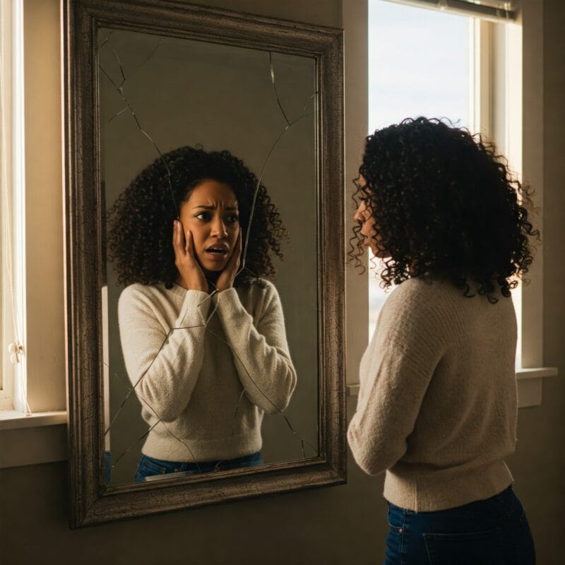 Mulher diante de espelho rachado, refletindo o conflito emocional causado pelo perfeccionismo.