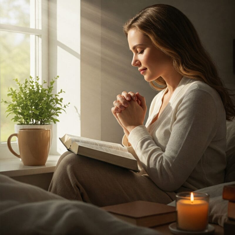 Mulher orando com a Bíblia aberta em ambiente iluminado, representando rotina espiritual e paz interior. Viver com propósito.