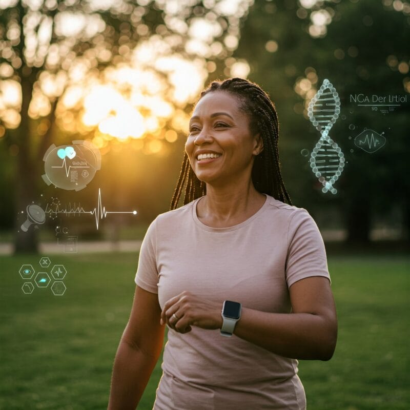 Mulher de meia-idade usando smartwatch enquanto caminha em um parque ao pôr do sol, representando a união entre tecnologia e longevidade.