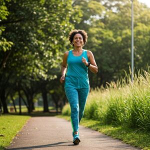 "Mulher morena correndo em parque ao ar livre sob céu azul, simbolizando a eliminação de toxinas e a busca ativa por longevidade." 