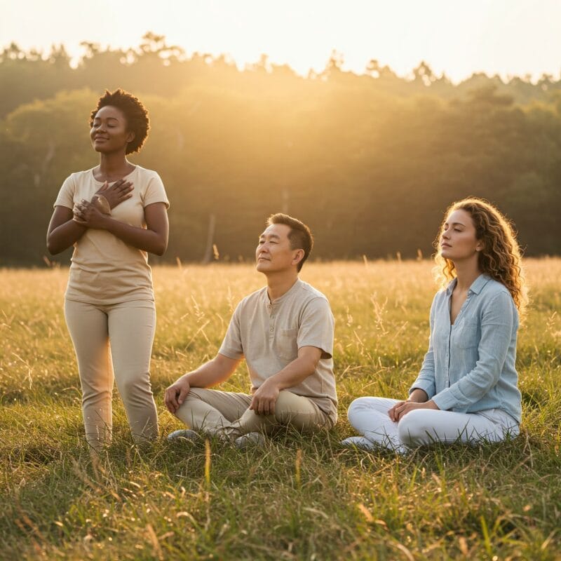 "Três pessoas de diferentes etnias em conexão espiritual ao ar livre, transmitindo paz, propósito e sentido de vida