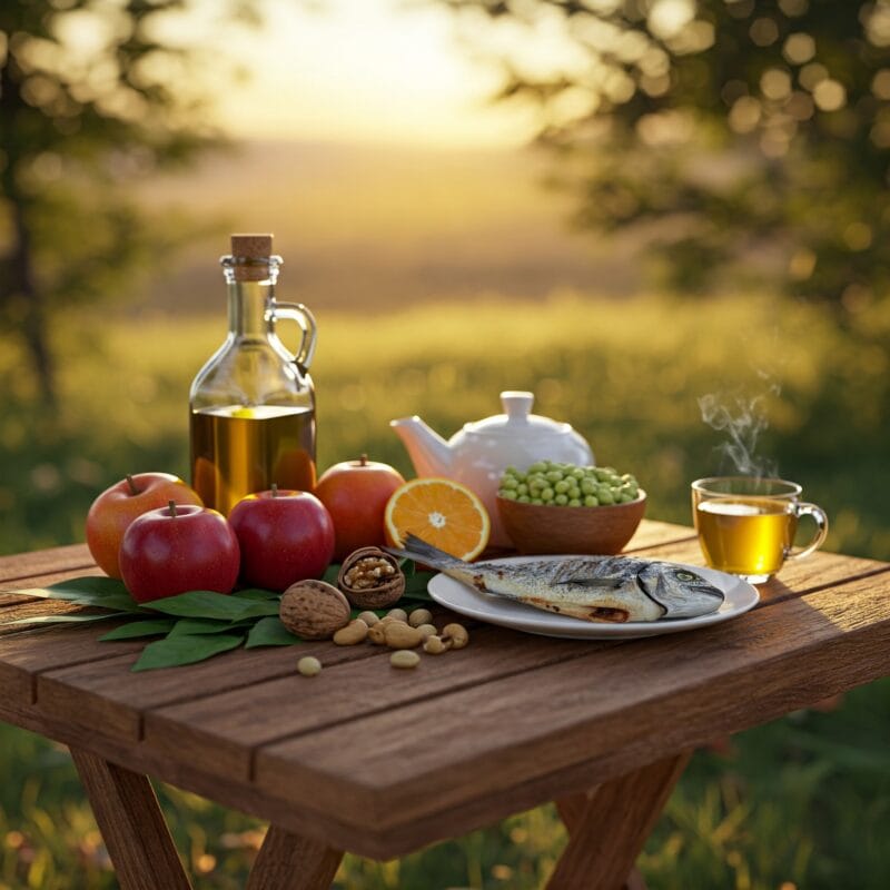 Mesa com alimentos saudáveis que promovem a longevidade, como frutas, azeite, peixes e folhas verdes.