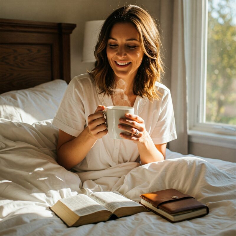 Mulher iniciando o dia com disciplina e fé, seguindo rotina saudável.