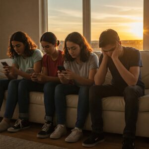 Pessoas distraídas com o celular durante uma reunião, enquanto uma pessoa tenta se conectar de verdade. 