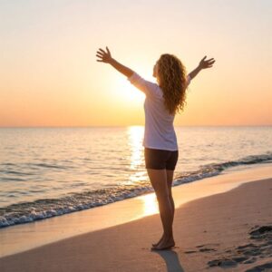 Mulher de braços abertos em direção ao céu, expressando espiritualidade e fortalecimento do corpo e mente."