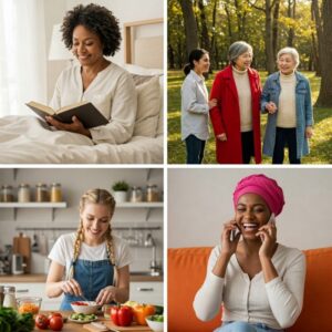 Quatro cenas com mulheres maduras realizando atividades saudáveis como ler, caminhar, cozinhar e conversar ao telefone.