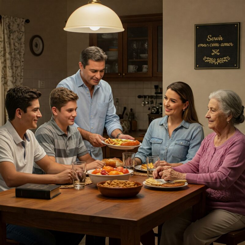 Família de várias gerações reunida à mesa durante um jantar acolhedor, compartilhando alimentos e afeto. Construindo a melhor versão familiar.
