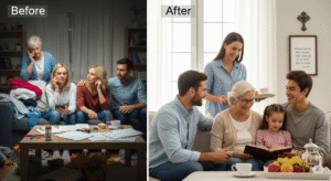Comparação entre o antes e depois de uma casa: ambiente desorganizado versus lar acolhedor com a família conectada e sorridente. Representando: Construção sua Melhor Versão.