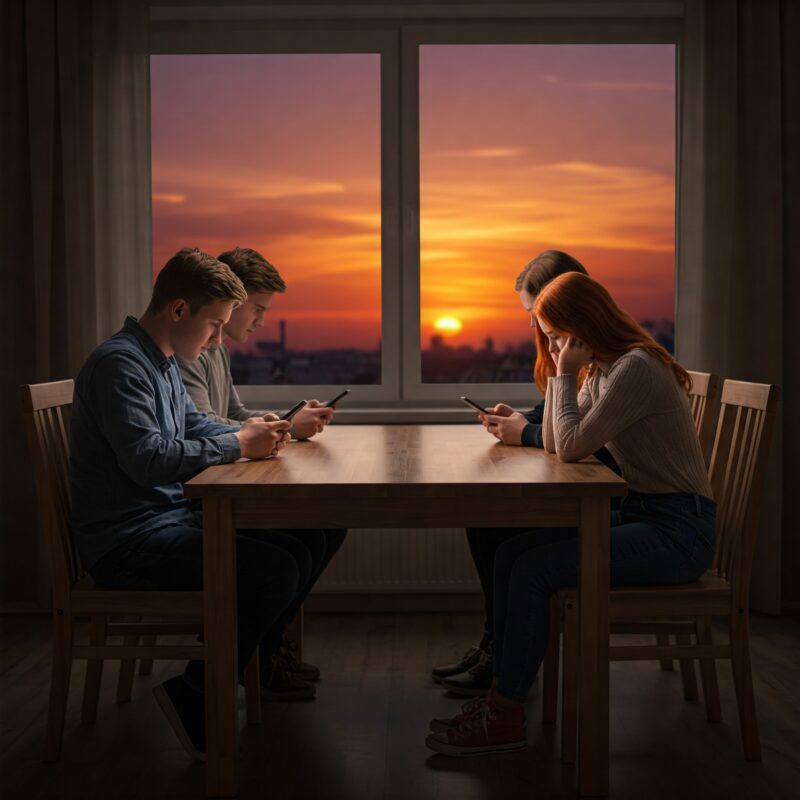 essoas distraídas com o celular durante o jantar, enquanto uma pessoa tenta se conectar de verdade.