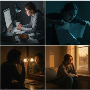 Montagem com os efeitos emocionais do perfeccionismo: procrastinação, frustração e solidão. 