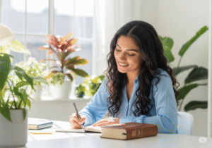 Mulher sorridente escrevendo em um caderno ao lado de uma Bíblia, em um ambiente acolhedor com plantas, simbolizando o desenvolvimento da mudança de hábito , empatia e propósito cristão. Representa: 23 Lições Inspiradoras de Mudança de Hábito que Transformaram Minha Vida