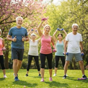 Pessoas maduras se exercitando ao ar livre, mostrando os melhores exercícios para longevidade. Saúde Mental e Longevidade: Viver com Propósito e Equilíbrio