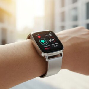 Close-up de smartwatch exibindo dados de saúde como batimentos cardíacos e passos, simbolizando a prevenção ativa com tecnologia.