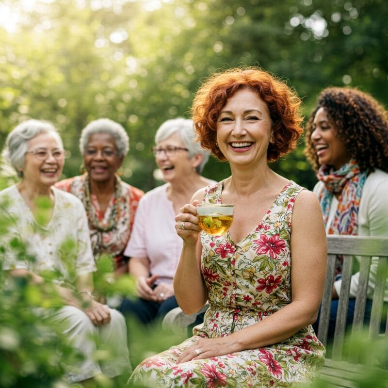 Longevidade Feminina. Mulher madura sorridente segura uma xícara de chá em ambiente natural, e outras mulheres maduras conversam ao fundo.