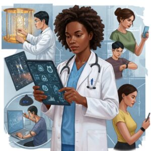 Profissionais de diferentes áreas usando recursos tecnológicos como inteligência artificial, exames digitais e dispositivos inteligentes em um ambiente moderno. Avanços na Inteligência Artificial e Tecnologia que Estão Transformando o Mundo