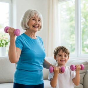 Idosa treinando com o neto, exemplo real de superação e longevidade com exercícios.
