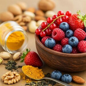 Frutas vermelhas, cúrcuma, chá verde e nozes: superalimentos antioxidantes que combatem o envelhecimento.
