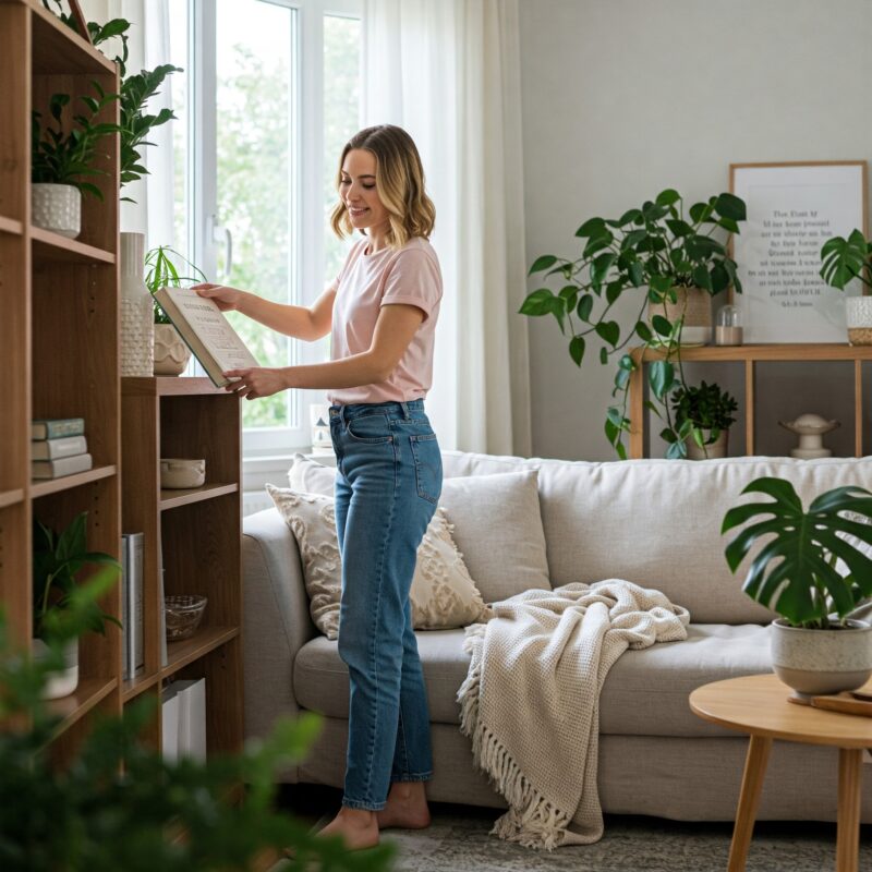 Mulher organizando uma sala com paz e leveza, representando os benefícios da organização no lar para a saúde e bem-estar.