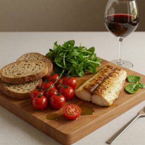 Alimentos da dieta mediterrânea sobre uma tábua de madeira, promovendo saúde e longevidade.