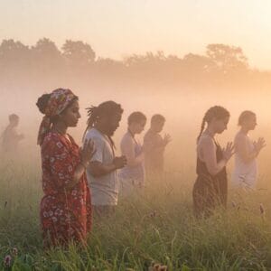  "Grupo de pessoas em atitude de reflexão ao ar livre durante o amanhecer."