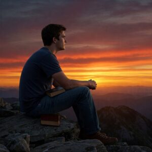 Pessoa refletindo ao pôr do sol com Bíblia e caderno, simbolizando esperança e propósito em Deus.