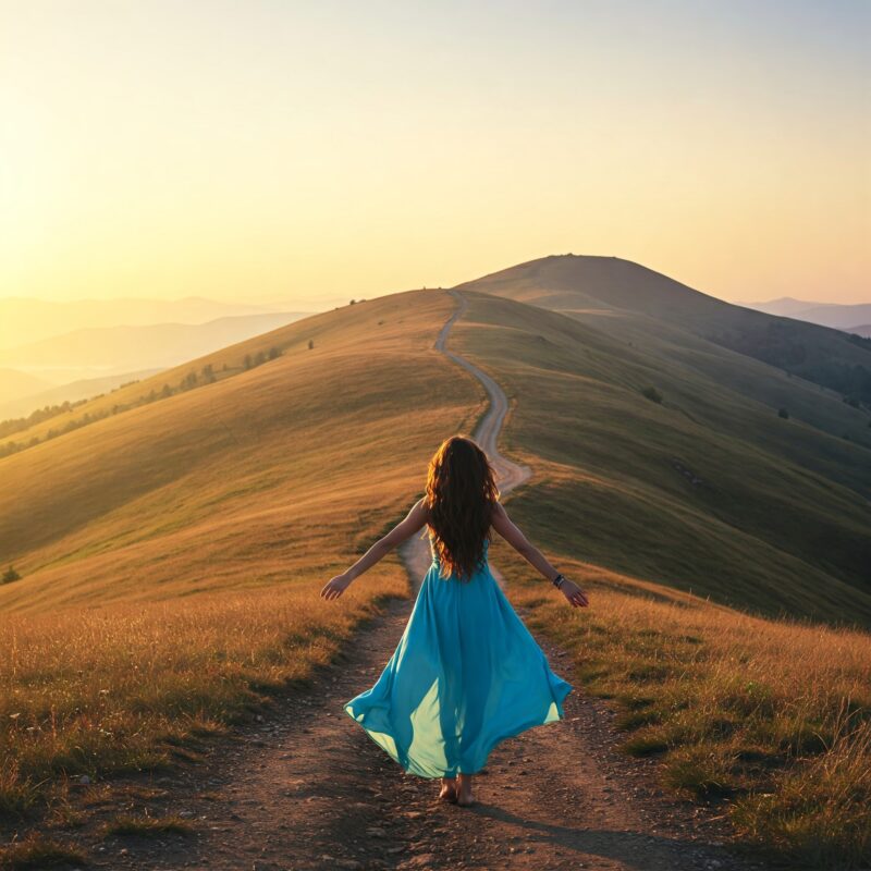Mulher em colina ao amanhecer com braços abertos, simbolizando liberdade e abundância espiritual Abandone o Pensamento de Escassez