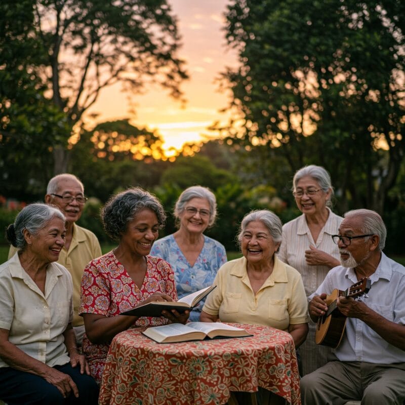 Grupo de idosos sentados em roda ao ar livre compartilhando histórias com expressões alegres, durante o pôr do sol.