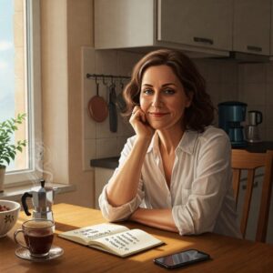 Mulher refletindo na cozinha iluminada pela luz natural, com um caderno aberto à frente contendo a pergunta "O que me dá alegria?". Ao redor, sinais da rotina diária, como louça na pia e lista de tarefas. A imagem transmite como é possível viver com propósito mesmo em meio às obrigações do dia a dia.