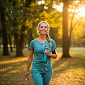 Mulher caminhando ao ar livre com alegria, representando exercícios físicos para longevidade e bem-estar com fé.