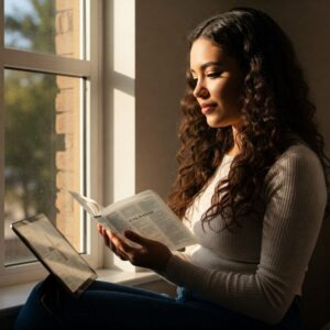 Mulher segura uma Bíblia digital e medita em ambiente tranquilo com luz natural.