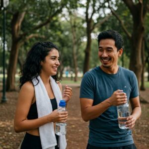 "Mulher latina e homem asiático caminhando em parque, sorrindo e carregando garrafas de água, simbolizando saúde intestinal e leveza corporal." 
