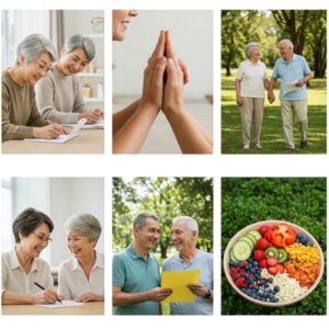 Montagem com cinco hábitos saudáveis: gratidão, fé, caminhada, amizade e alimentação equilibrada. Passos práticos para fortalecer a mente e viver mais 