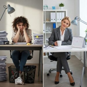 Antes e depois simbólico: uma mulher cansada e confusa em contraste com a mesma mulher mais tarde, sorrindo, com postura segura, organizando sua rotina.