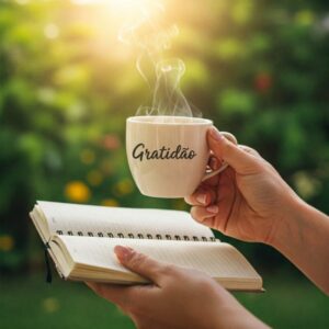 Caderno com a palavra gratidão e mãos segurando uma caneca, simbolizando uma prática de gratidão diária. Gratidão: Uma Ponte entre a Ciência e a Fé.