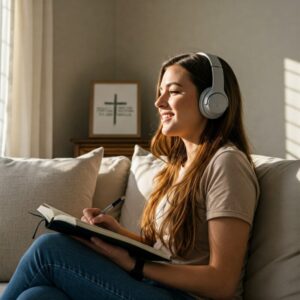 Mulher escutando louvores, expressando gratidão como parte da rotina espiritual diária.