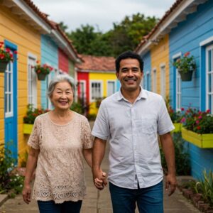 "Idosos de diferentes etnias caminhando em um vilarejo colorido, representando longevidade e propósito de vida nas zonas azuis."