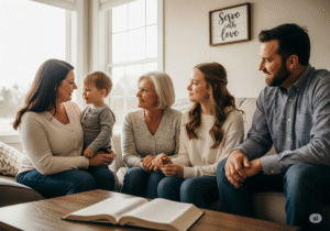 Família de diferentes gerações sentada no sofá, conversando com amor e atenção. Representando: Construa sua Melhor Versão