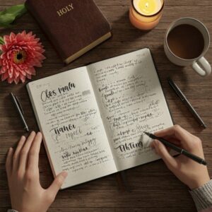 Mãos femininas escrevendo em caderno de oração ou diário, simbolizando autoconhecimento e saúde mental.