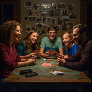Pais e filhos reunidos jogando juntos com alegria em ambiente acolhedor