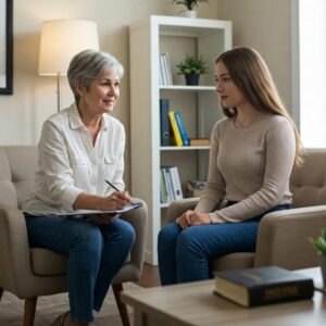 Mulher conversando com psicóloga em ambiente acolhedor, simbolizando apoio emocional com fé.