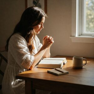 Mulher iniciando o dia com oração e leitura bíblica, simbolizando propósito e conexão espiritual.