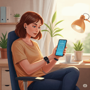 Pessoa usando tecnologia para promover o bem-estar mental, com dispositivos inteligentes que monitoram o humor e reduzem o estresse.