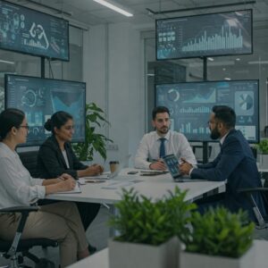 Empresários discutindo estratégias sustentáveis em um escritório moderno, com gráficos e plantas ao fundo, representando as oportunidades econômicas da economia circular.